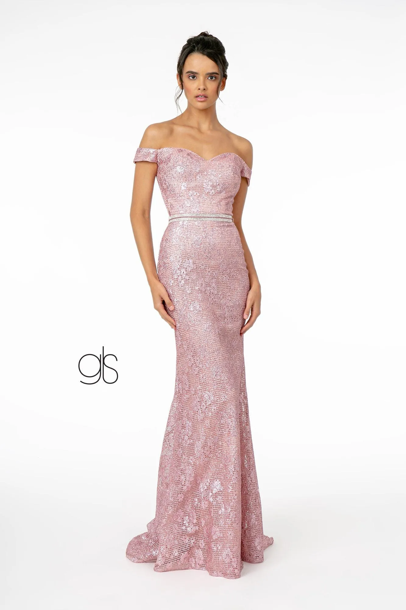 Off Shoulder Long Metallic Floral Lace Dress by Elizabeth K GL1829
