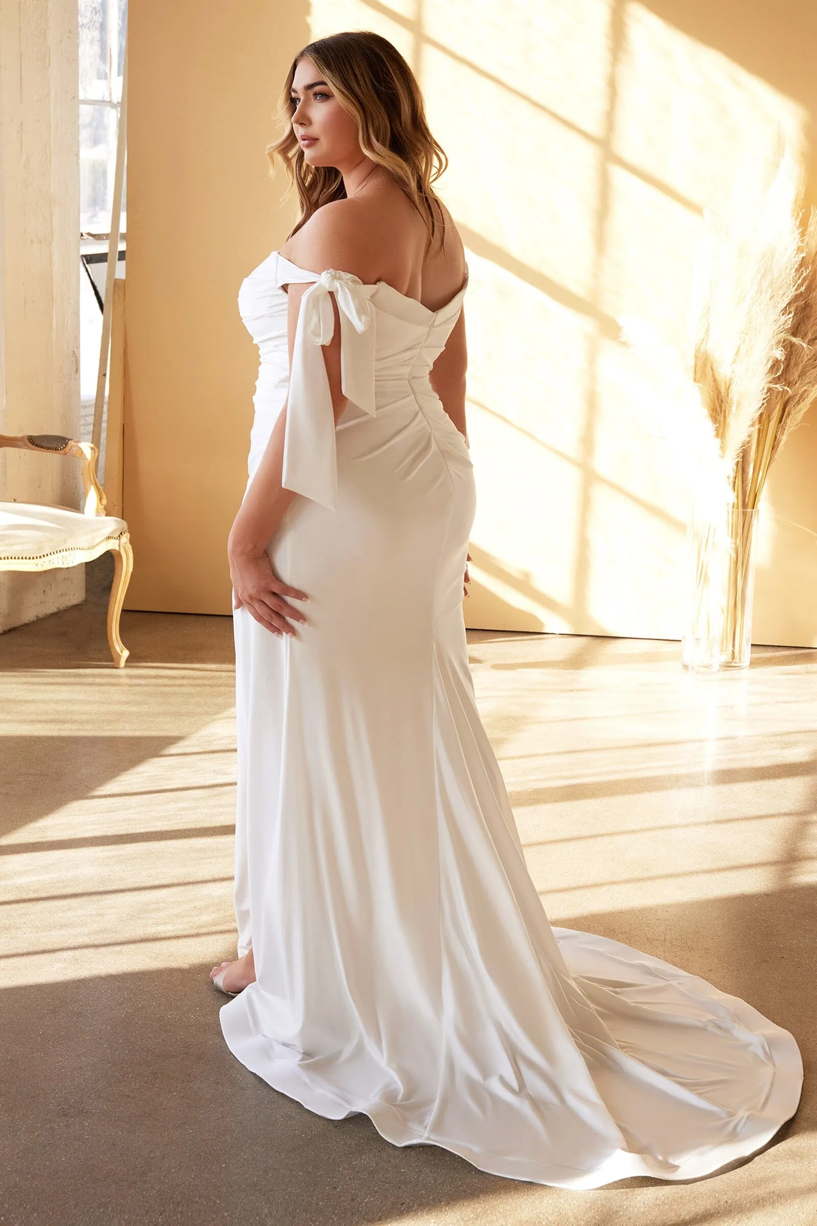 Plus Size White Off Shoulder Gown by Cinderella Divine CD944WC