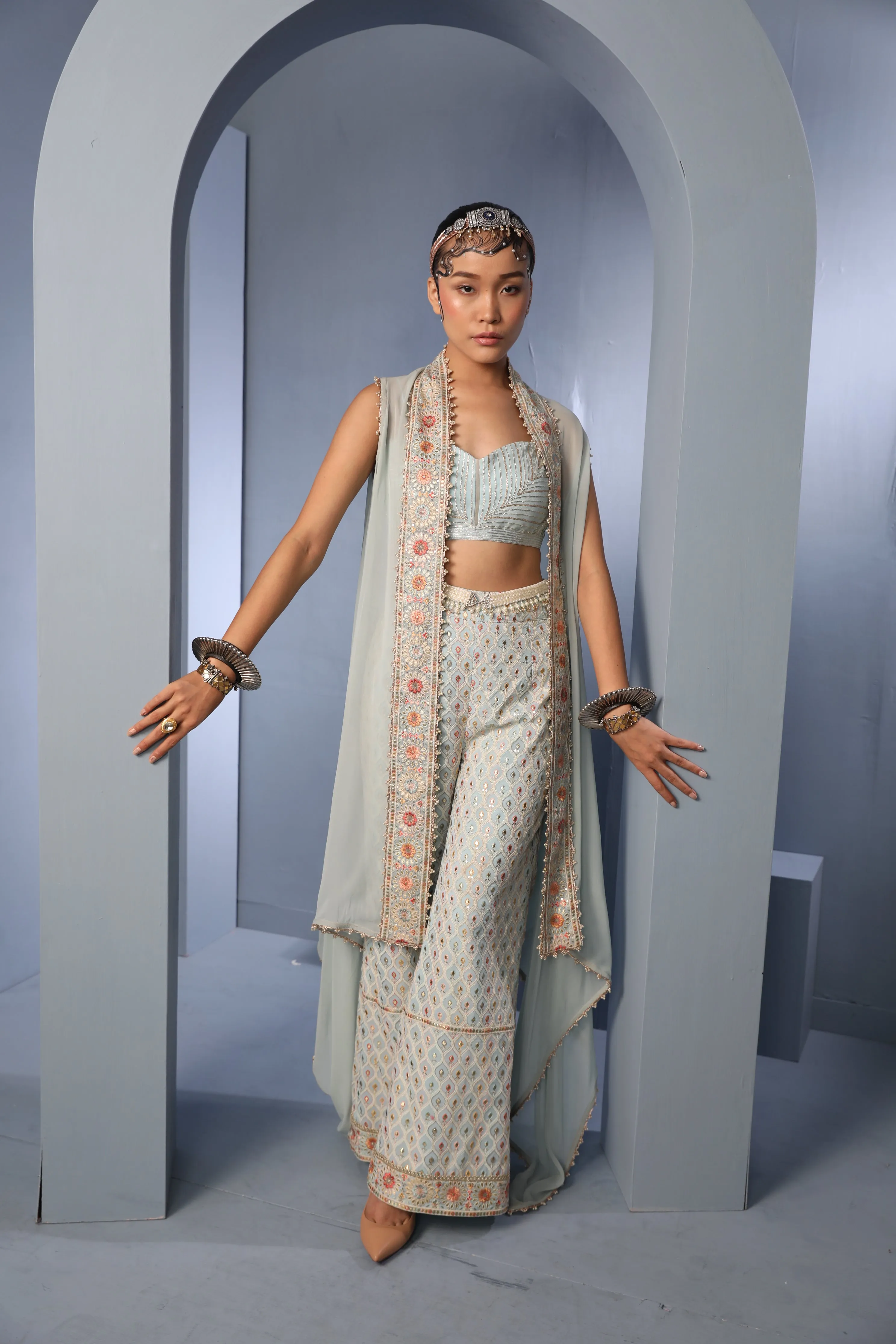 Powder Blue Georgette Cape-Palazzo