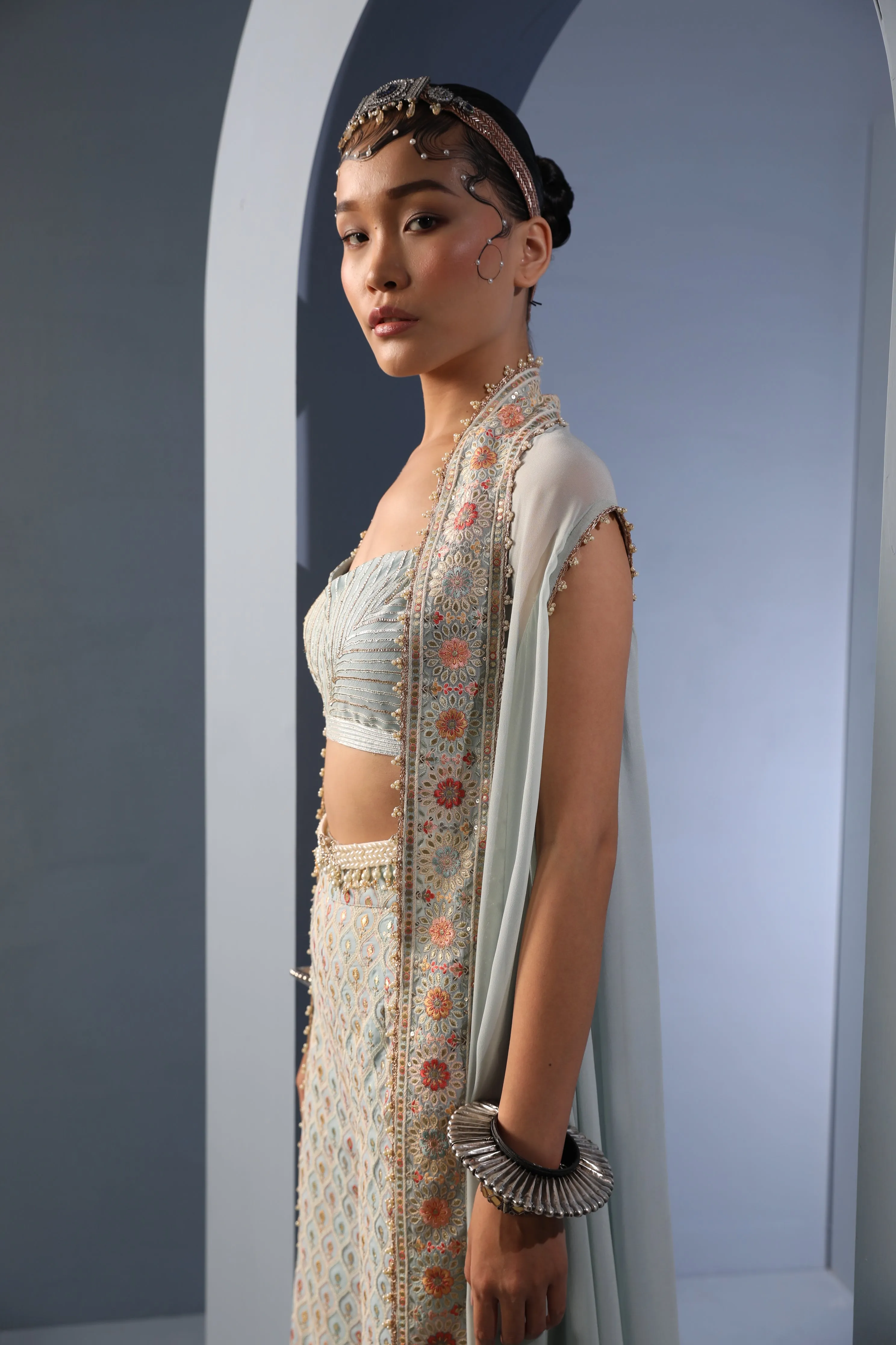 Powder Blue Georgette Cape-Palazzo