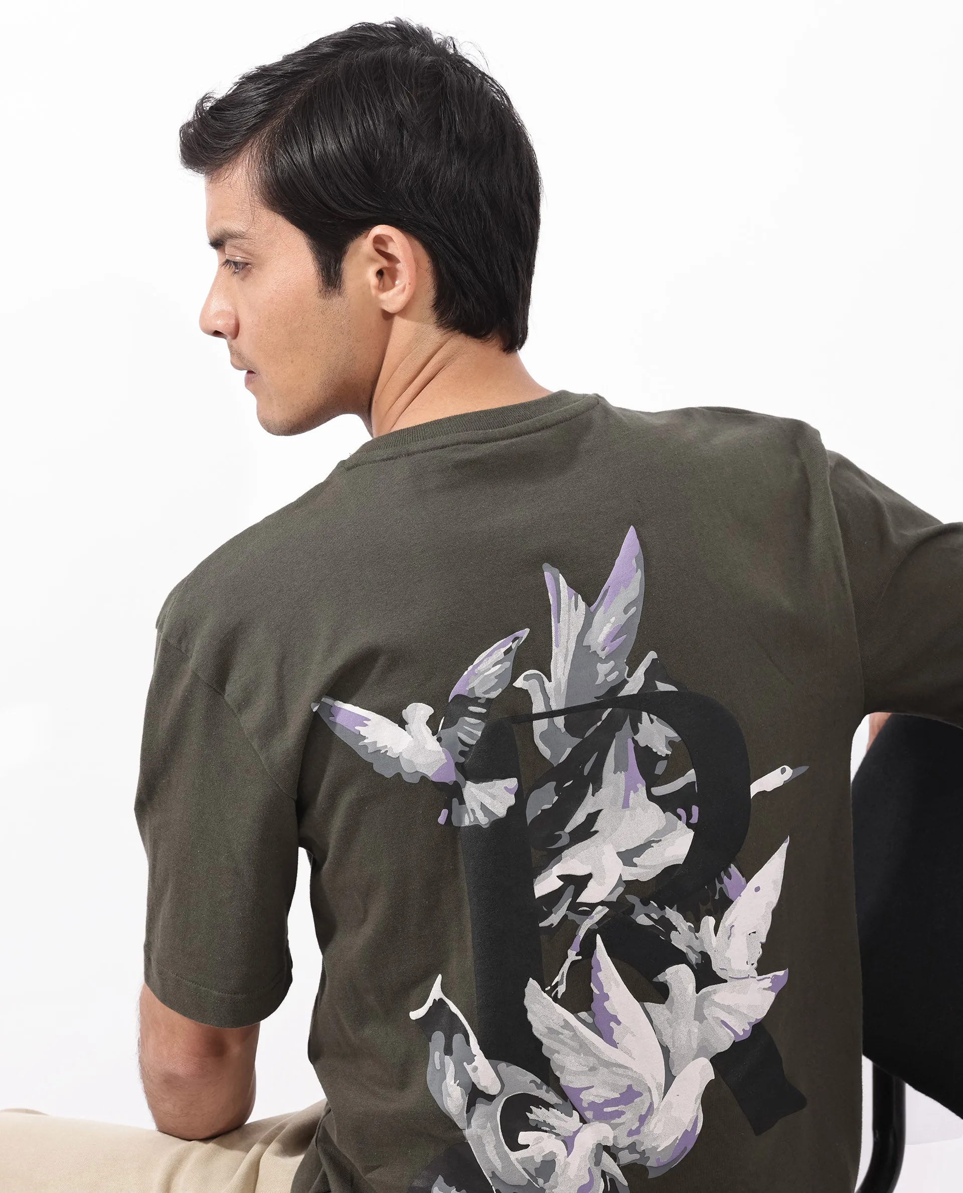 Rare Rabbit Articale Men's Magiq Olive Cotton Polyester Fabric Crew Neck Oversized Fit Graphic Abstract Print T-Shirt