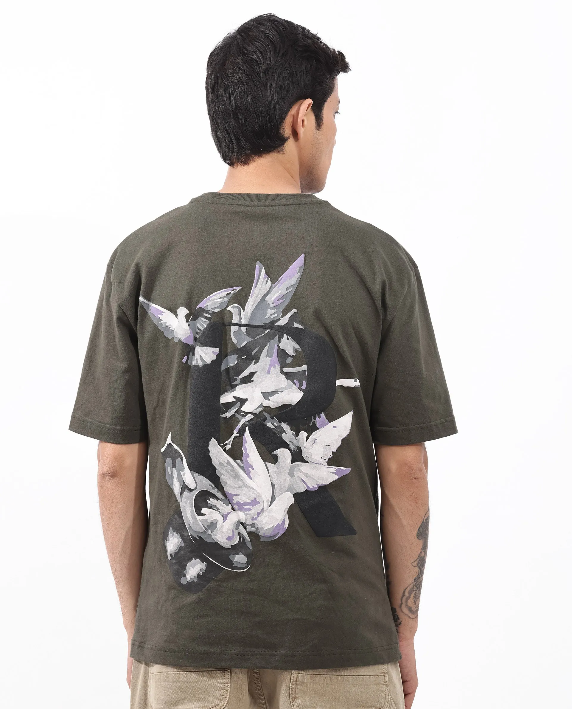 Rare Rabbit Articale Men's Magiq Olive Cotton Polyester Fabric Crew Neck Oversized Fit Graphic Abstract Print T-Shirt