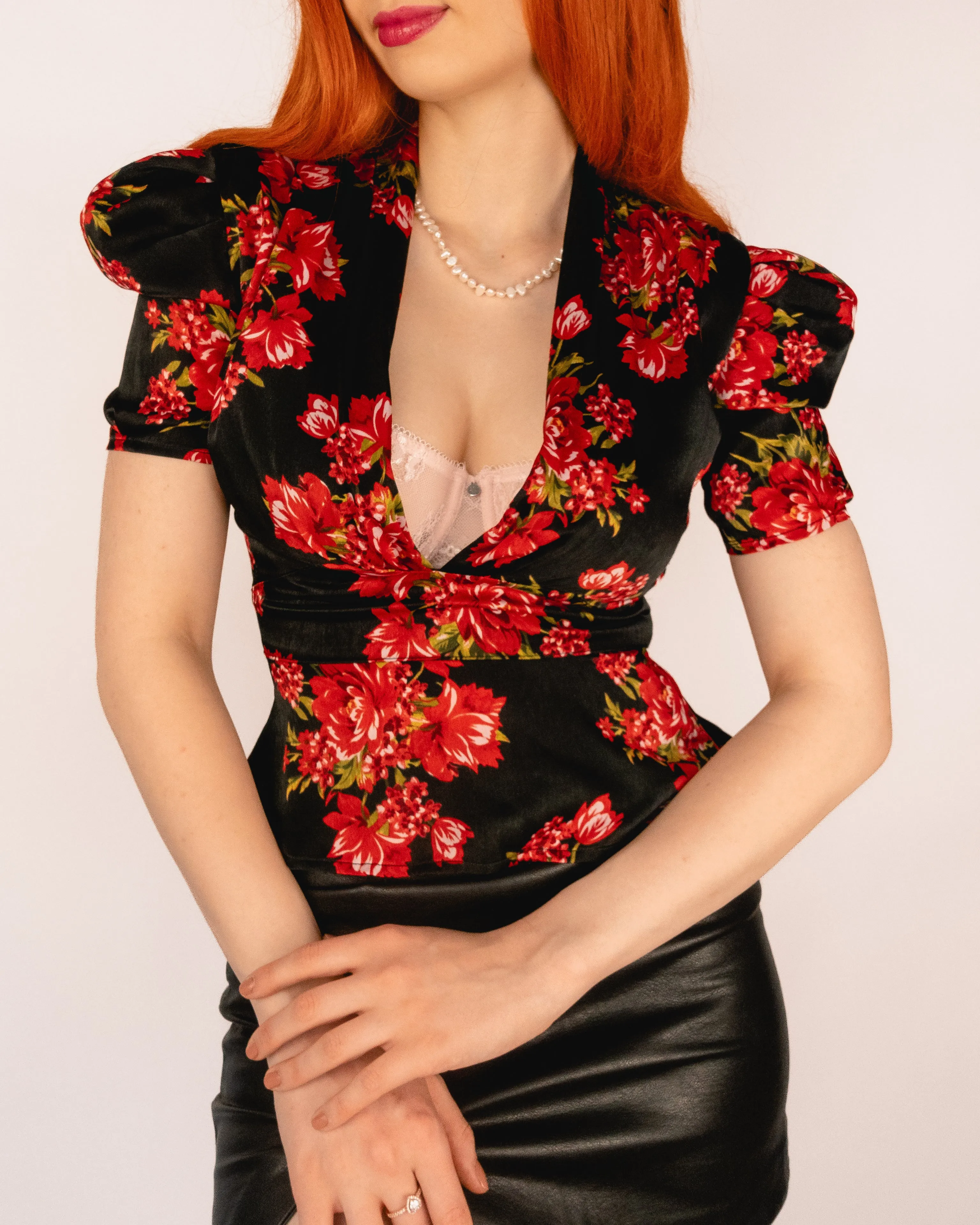 Red Floral Print Blouse Black