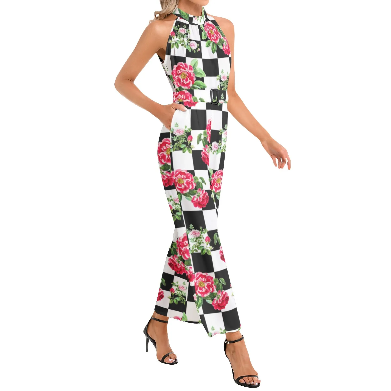 Rose on Checkered Print Halter Neck Buckle Belted Jumpsuit