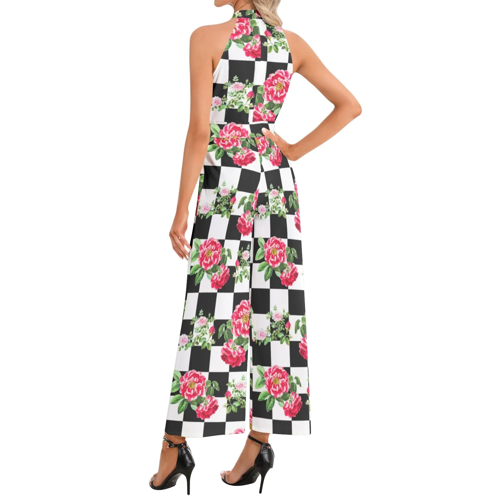 Rose on Checkered Print Halter Neck Buckle Belted Jumpsuit