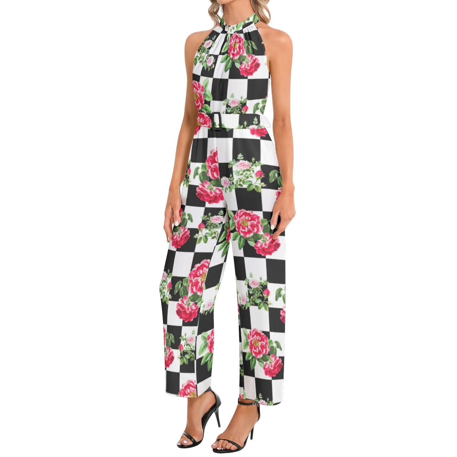 Rose on Checkered Print Halter Neck Buckle Belted Jumpsuit