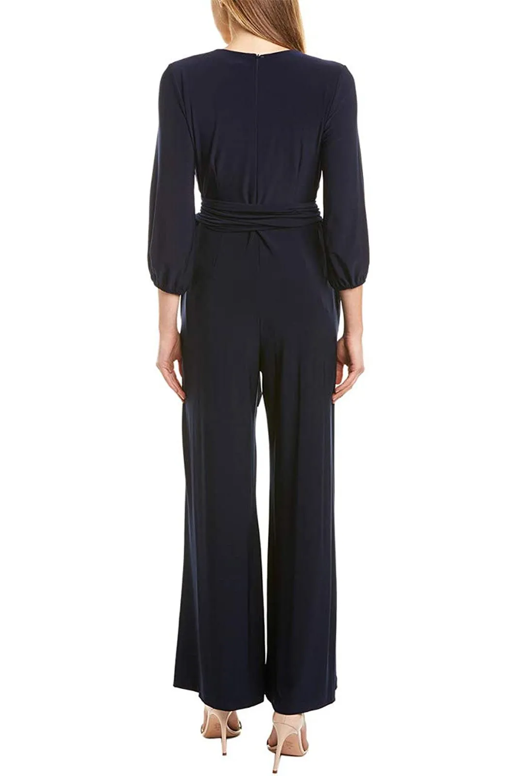 Taylor V-Neck Long Sleeve Tie Side Pockets Zipper Back Jersey Jumpsuit