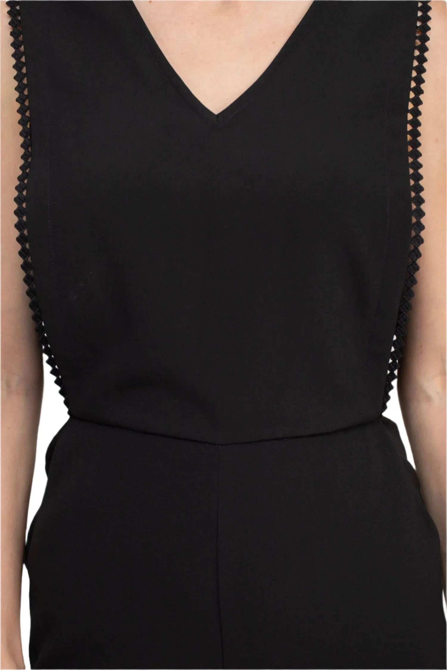 Taylor V-Neck Sleeveless Embellished Keyhole  Zipper Back Solid Crepe Jumpsuit