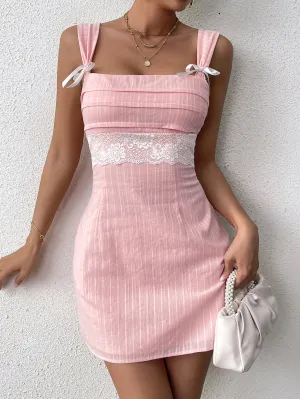 Tie Backless Lace Spliced Ruched Bust Mini Dress