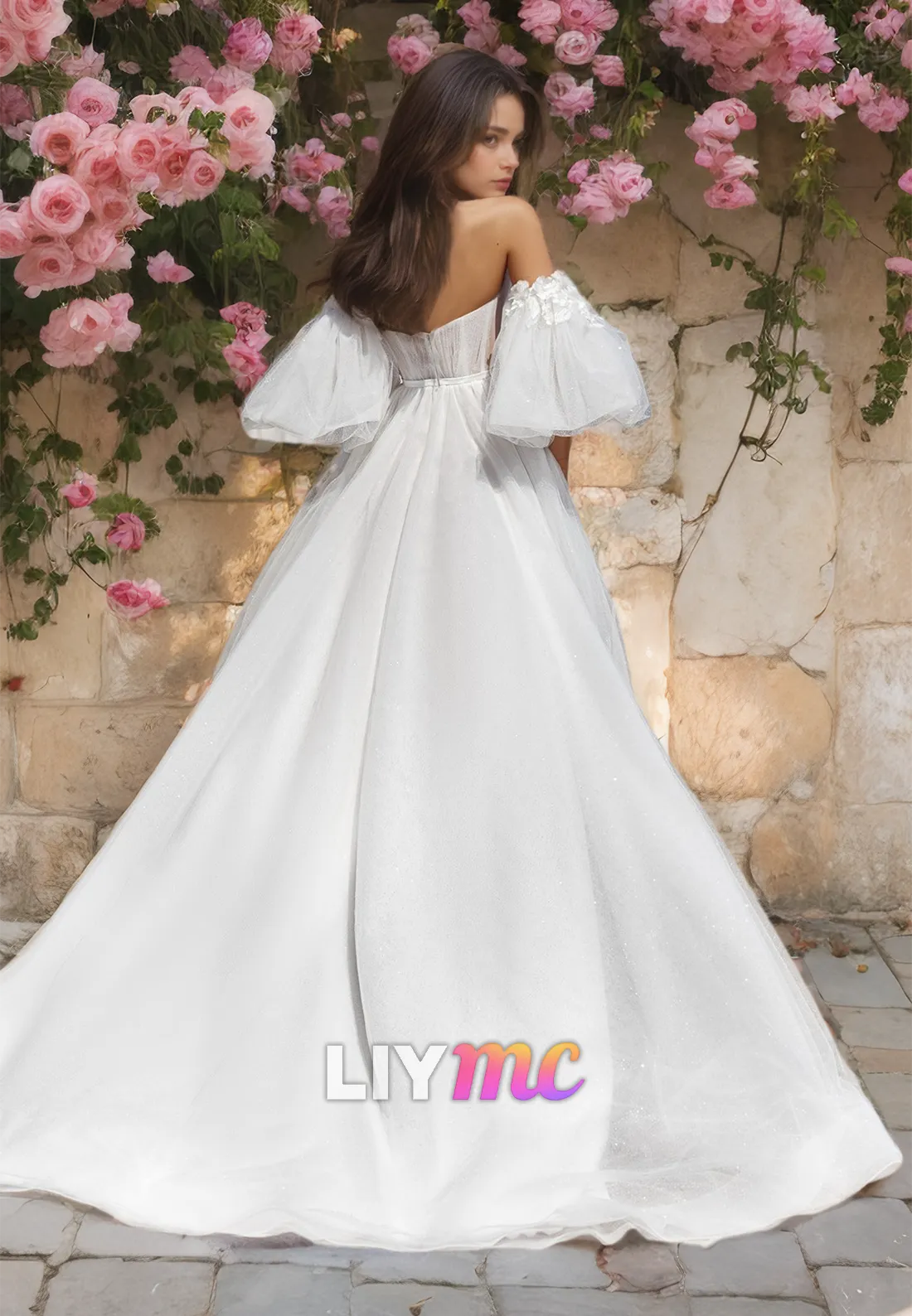 V-Neck Puff Sleeves Floral Embellished Tulle A-Line Wedding Dress
