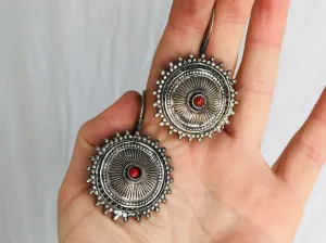 Vintage Uzbek Bukhari Earrings. Silver and Coral.