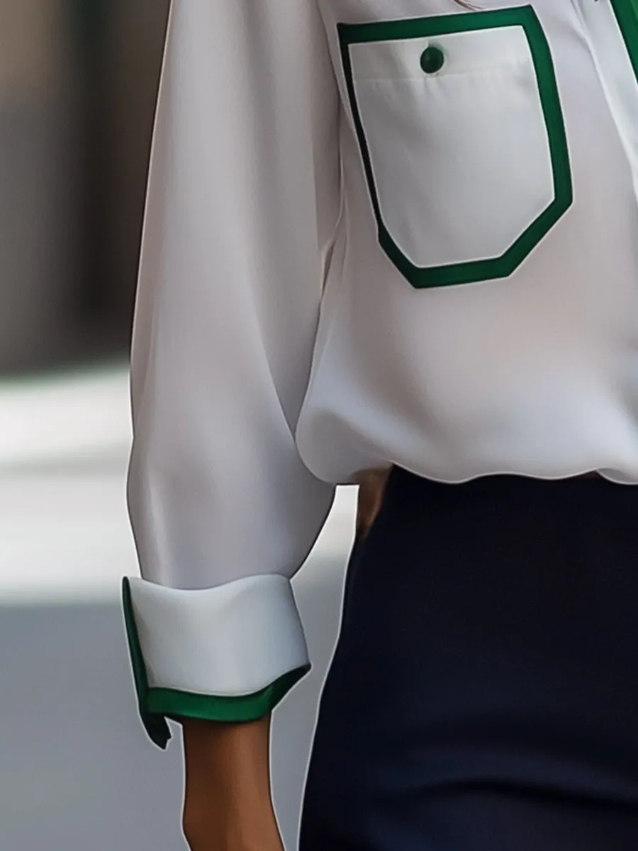 White Blouse with Emerald Green Contrast Trim