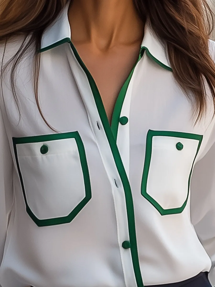 White Blouse with Emerald Green Contrast Trim